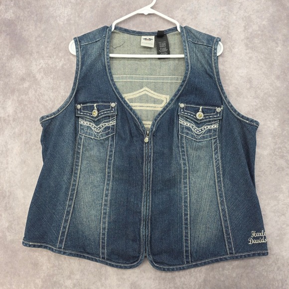Harley-Davidson Jackets & Blazers - Harley Davidson Women 2W Denim Jean Vest Motorcycle CORE EMBELLISHED 99123-15VW